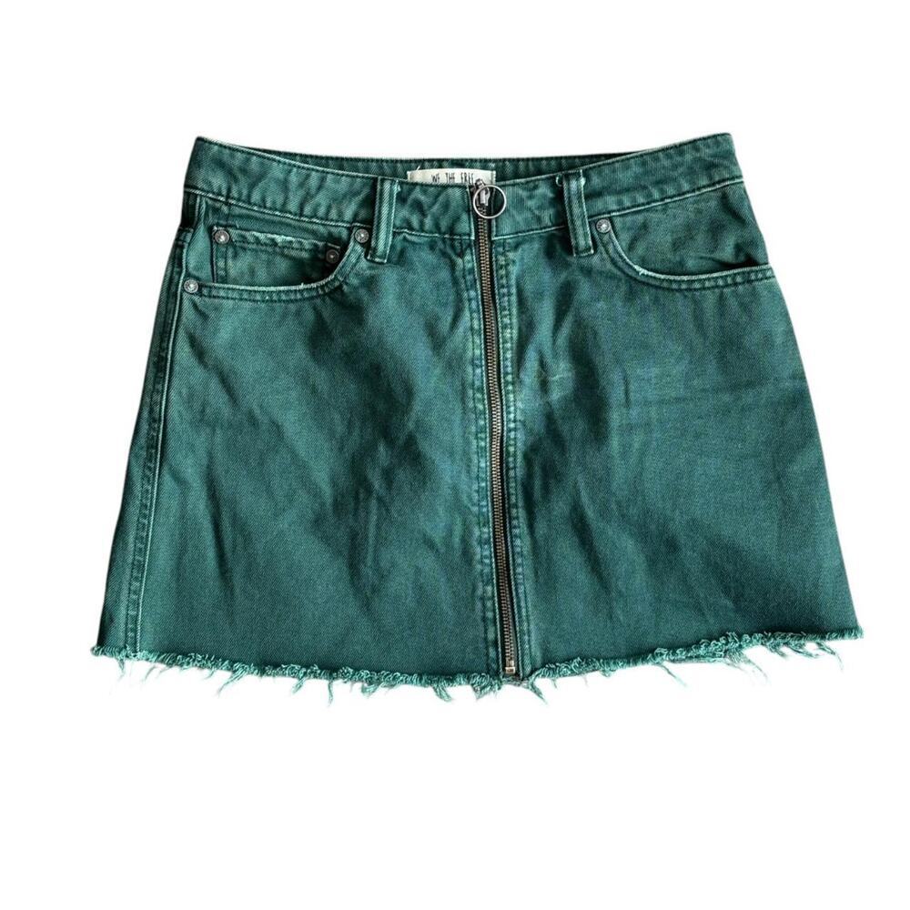 Free People Turquoise Green Denim Mini Skirt – Raw Hem Front Zip Vintage Grunge